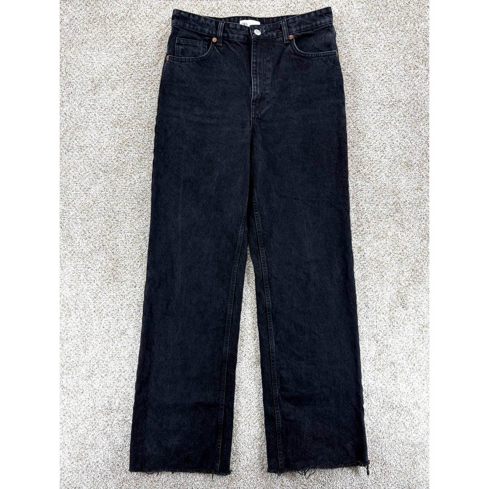 Zara Straight Fit High Waist Wide Leg Jeans Women's 10 Long Black Cotton Raw Hem